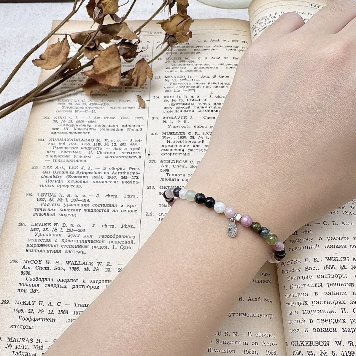 4mm rainbow tourmaline bracelet on the hand