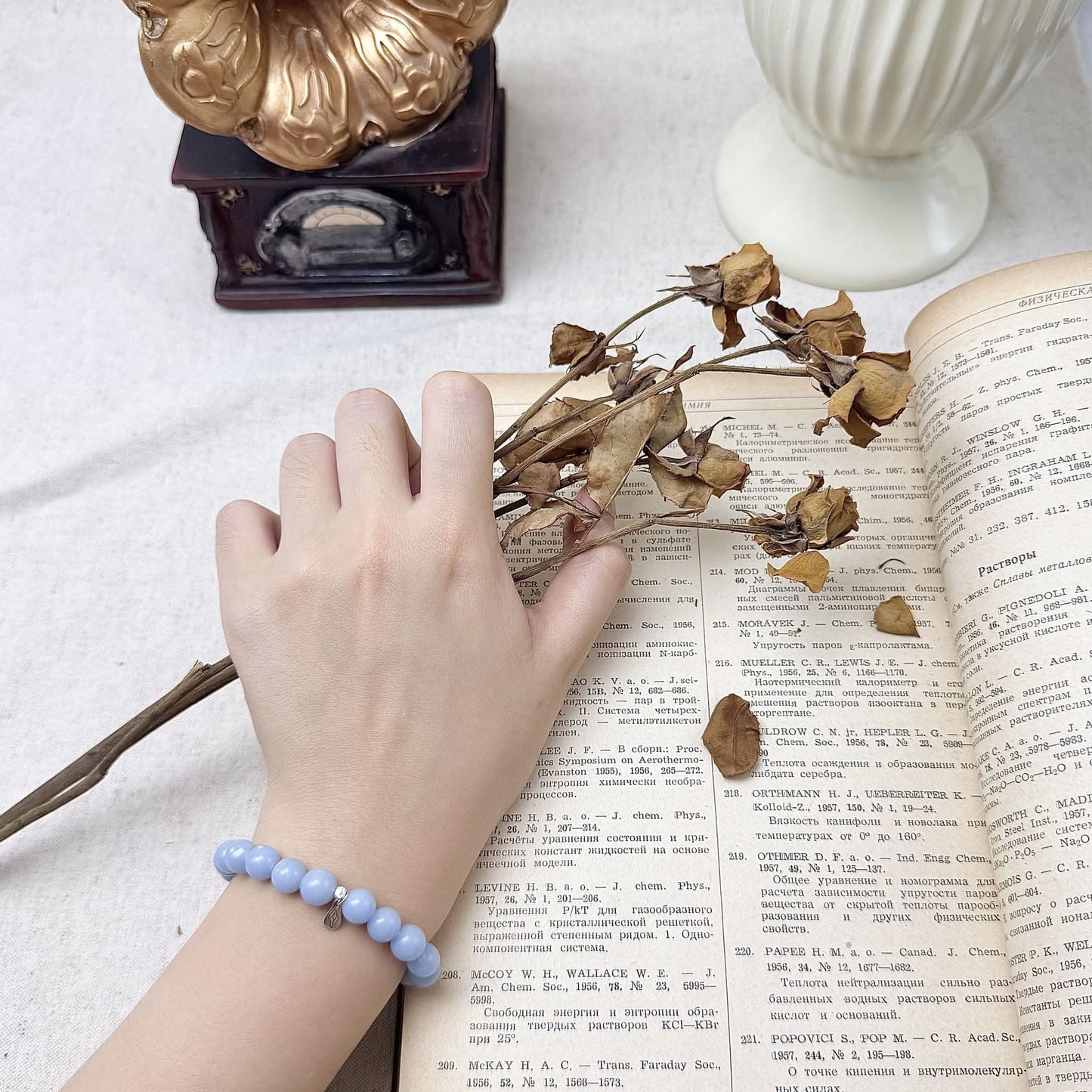 8mm blue angelite bracelet on the hand