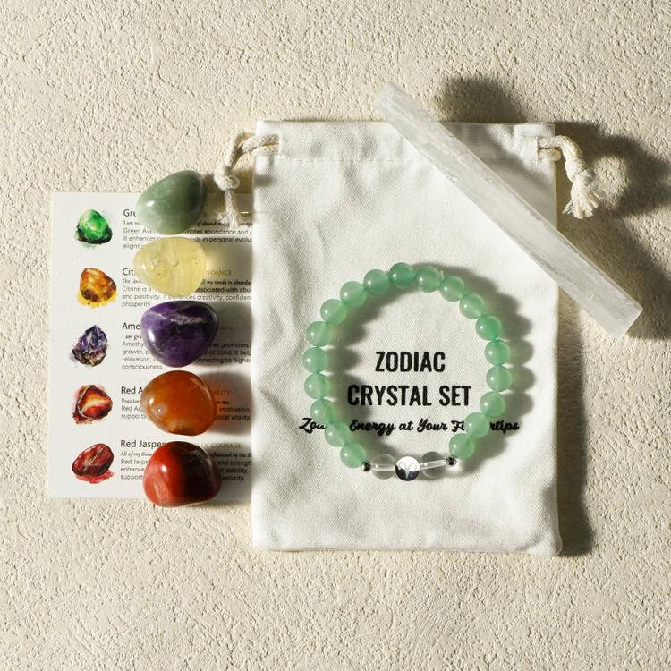 Aries crystal set with 5 aries stones and green aventurine bracelet