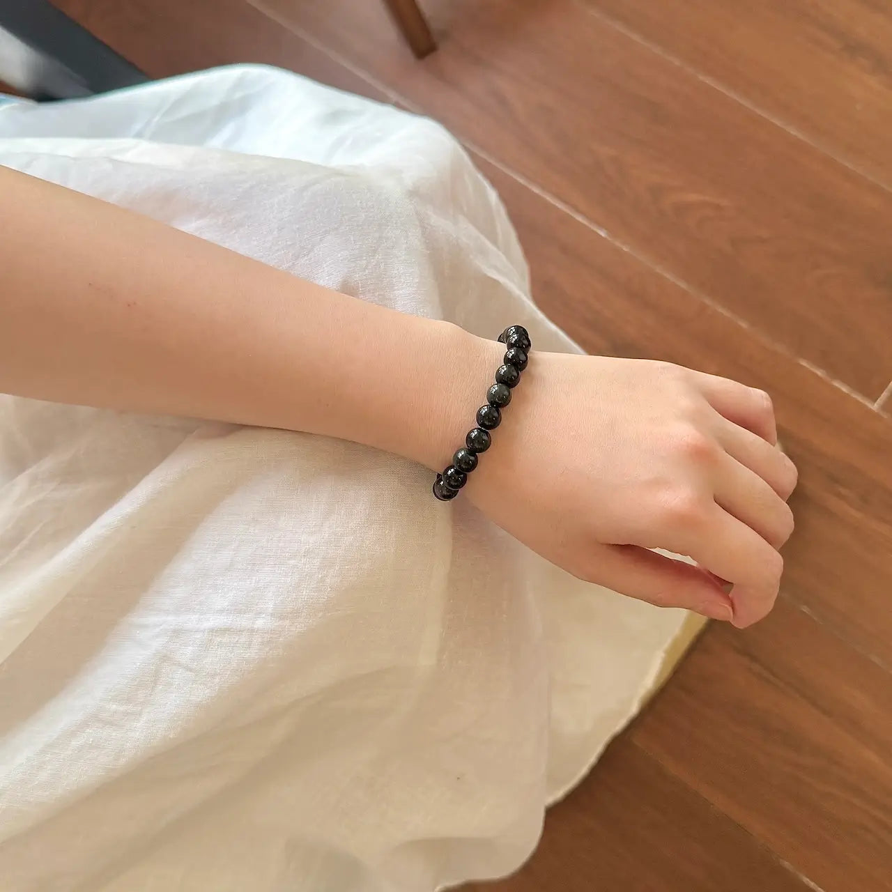 Black Obsidian Bracelet 8mm - Worn On Wrist | Touch Vintage
