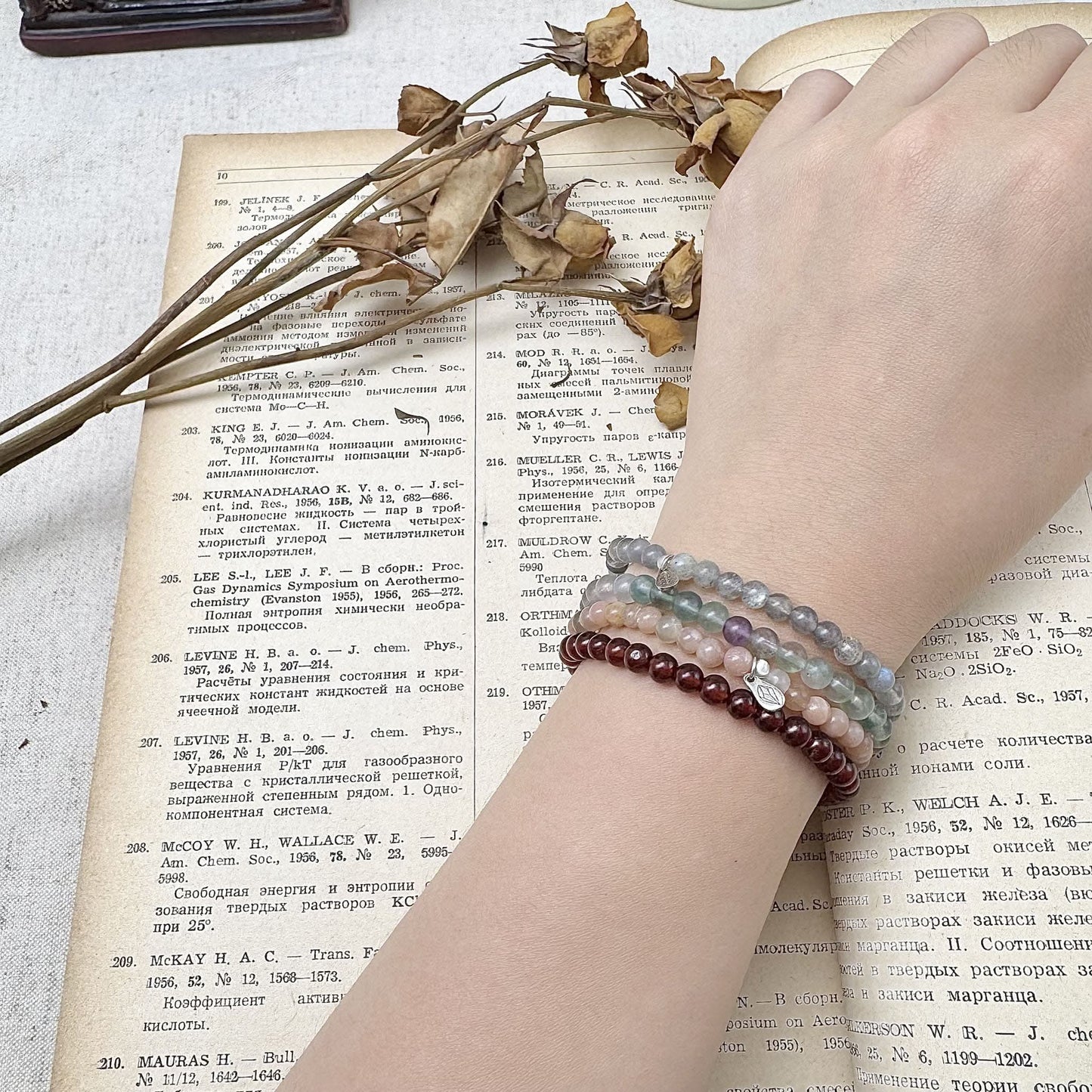capricorn zodiac bracelet with carnelian,fluorite,rainbow moonstone,labradorite on the hand