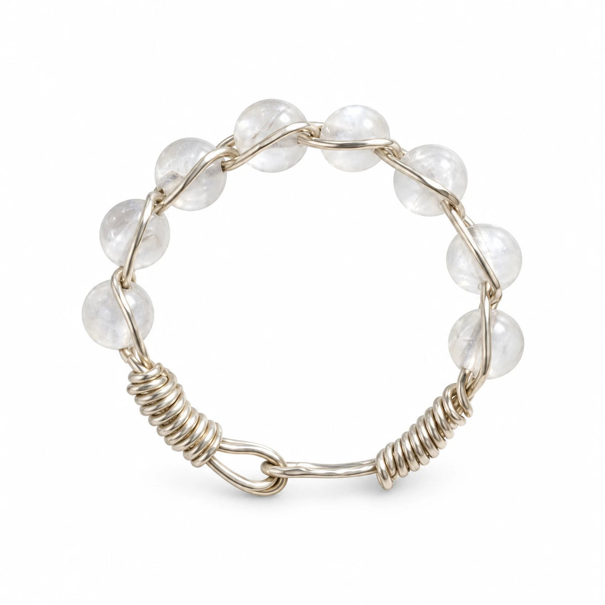 Moonstone beaded wire-wrapped ring on a white background