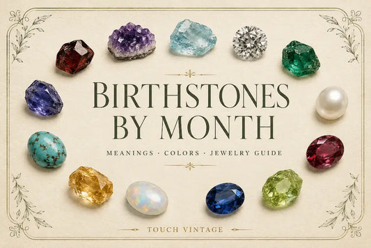 Birthstones by month featuring garnet, amethyst, aquamarine, emerald, pearl, citrine and other gemstones