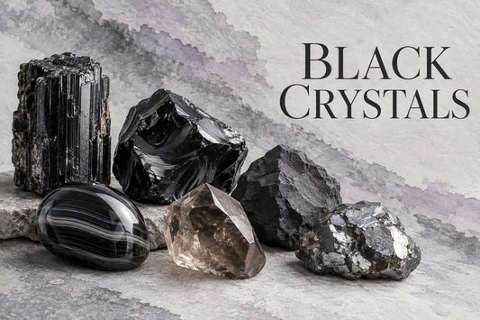 Black crystals including tourmaline, obsidian, onyx, smoky quartz, shungite and hematite