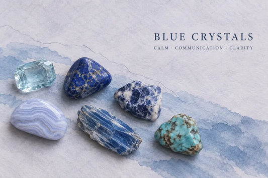 Blue crystals including aquamarine, lapis lazuli, sodalite, blue lace agate, kyanite and turquoise
