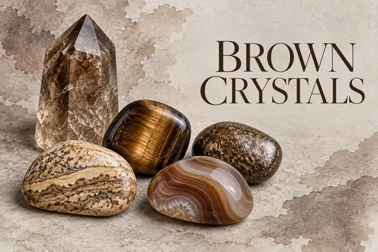Brown crystals including smoky quartz, tiger's eye, bronzite, picture jasper and brown agate