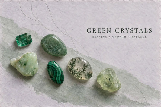 Green crystals including emerald, aventurine, jade, malachite, moss agate and prehnite