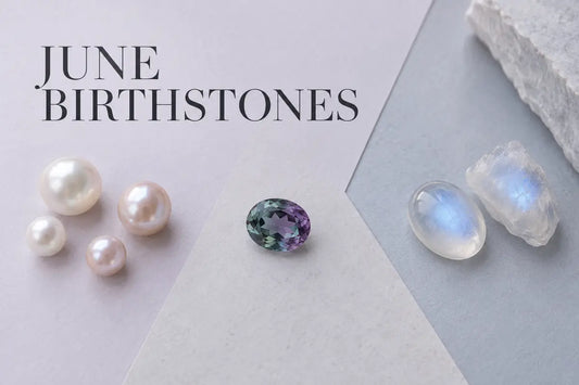 June birthstones pearl, color-changing alexandrite and blue-sheen moonstone
