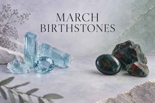 March birthstones aquamarine and bloodstone shown side by side