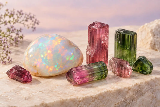October birthstone Opal and multicolor Tourmaline gemstones