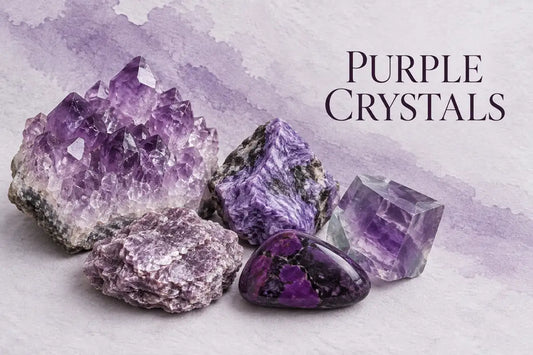 Purple crystals including amethyst, lepidolite, charoite, fluorite and sugilite