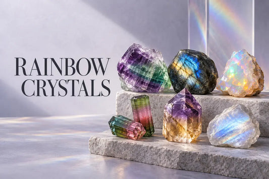 Rainbow crystals including fluorite, labradorite, opal, tourmaline, ametrine and rainbow moonstone