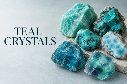 Teal crystals including amazonite, chrysocolla, turquoise, larimar, blue apatite and fluorite