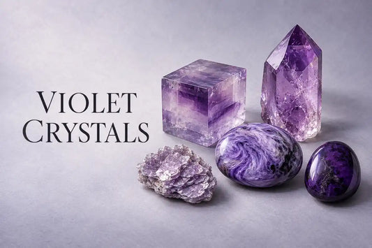 Violet crystals including fluorite, amethyst, charoite, lepidolite and sugilite