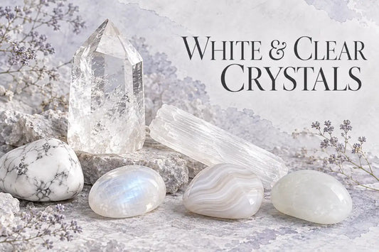 White and clear crystals including quartz, moonstone, selenite, howlite, agate and white jade