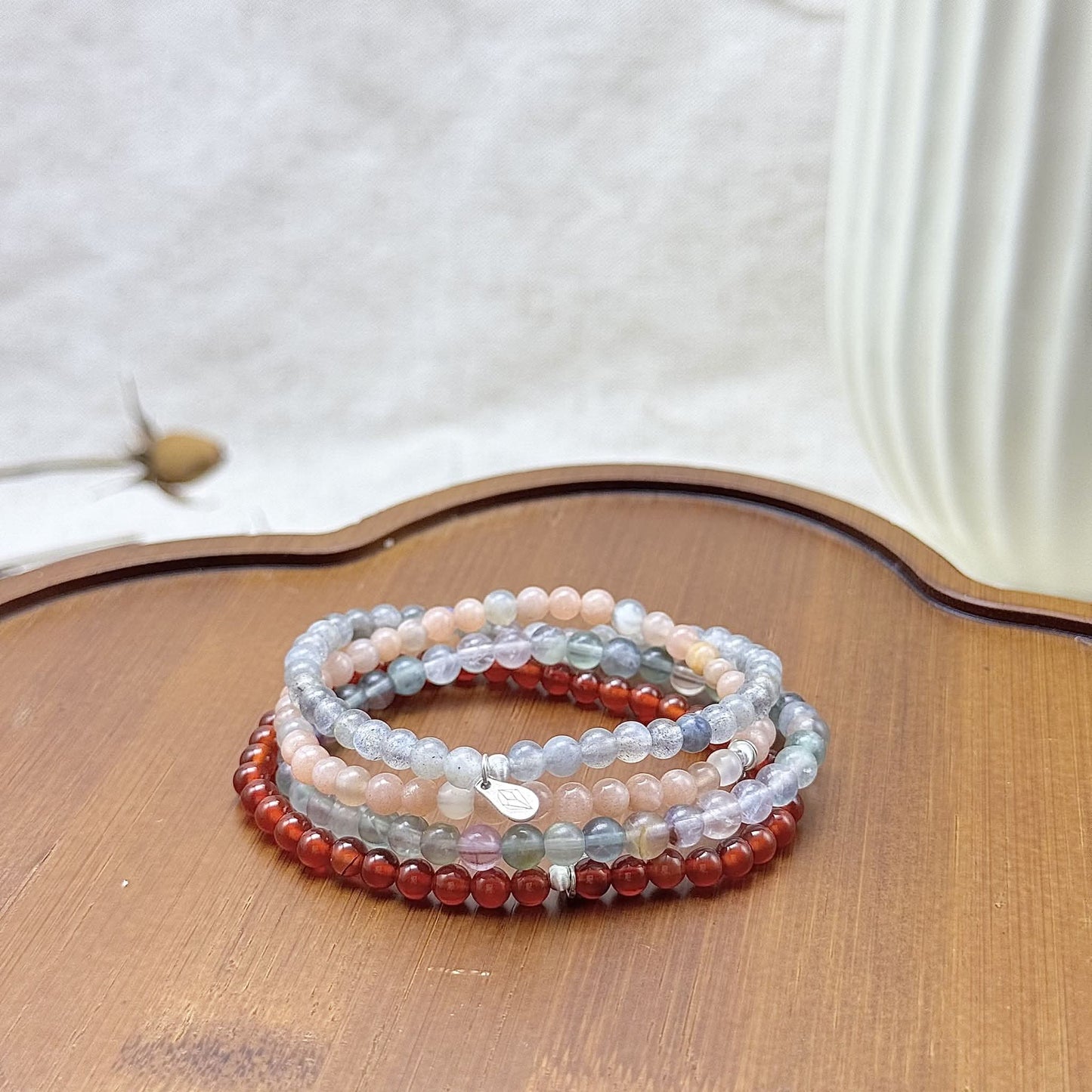 4 crystal bracelets for capricorn with carnelian,fluorite,rainbow moonstone,labradorite