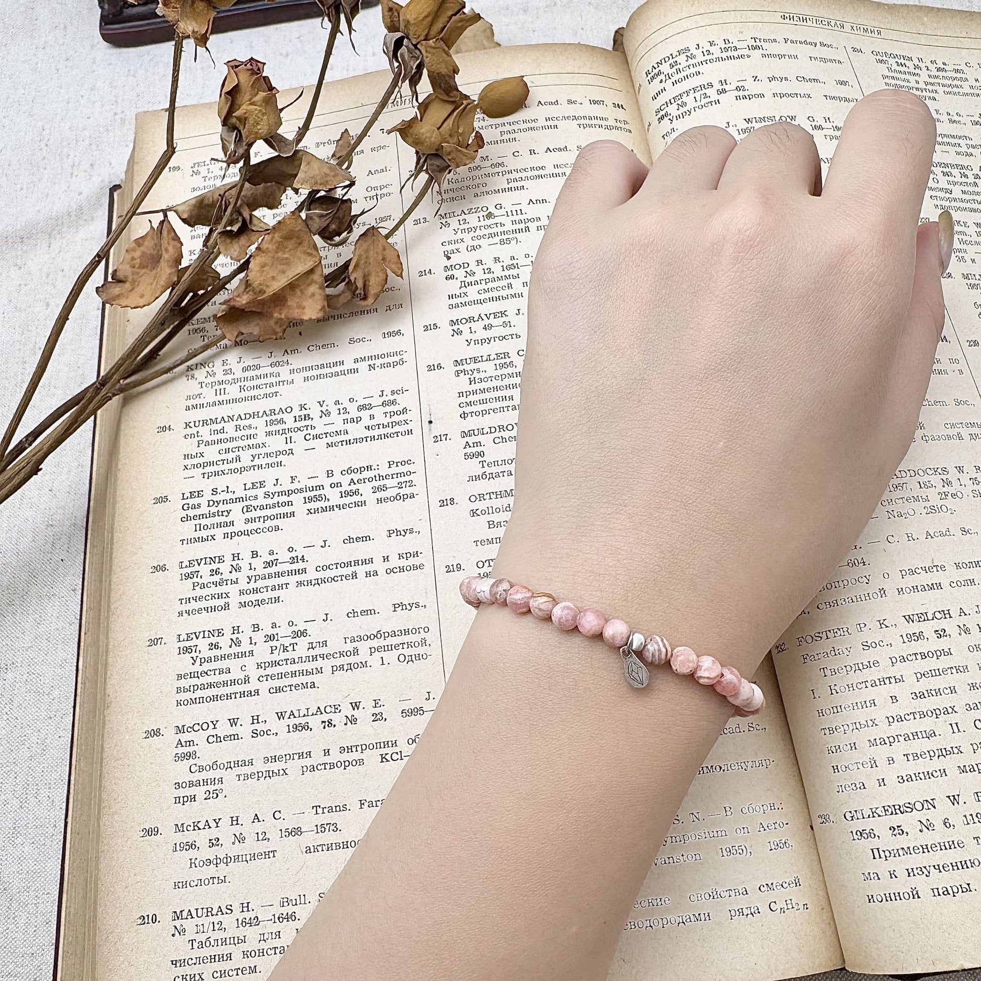 4mm rhodochrosite bracelet on the hand