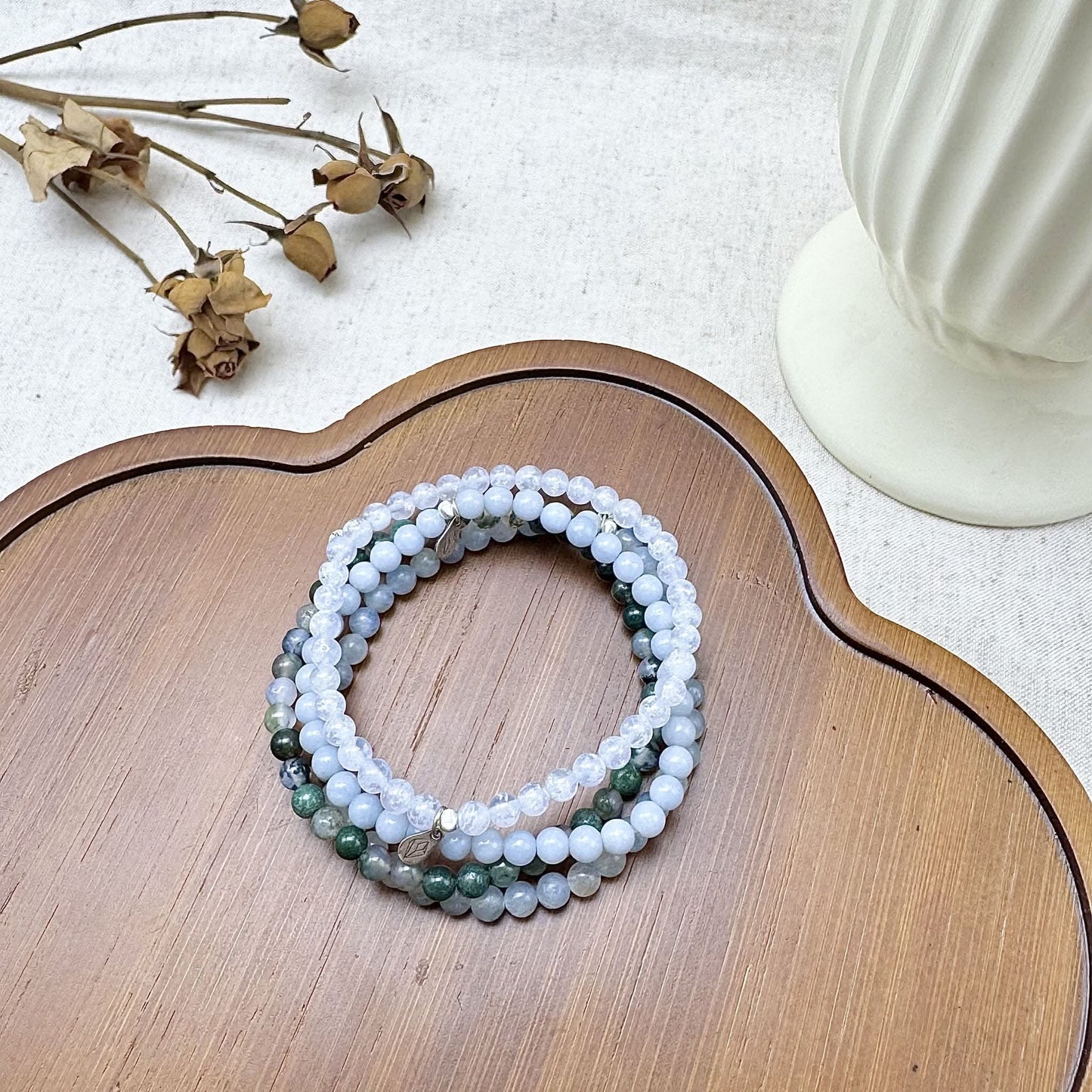 Gemini Bracelet Set with Moss Agate, Angelite, Kyanite & Aquamarine