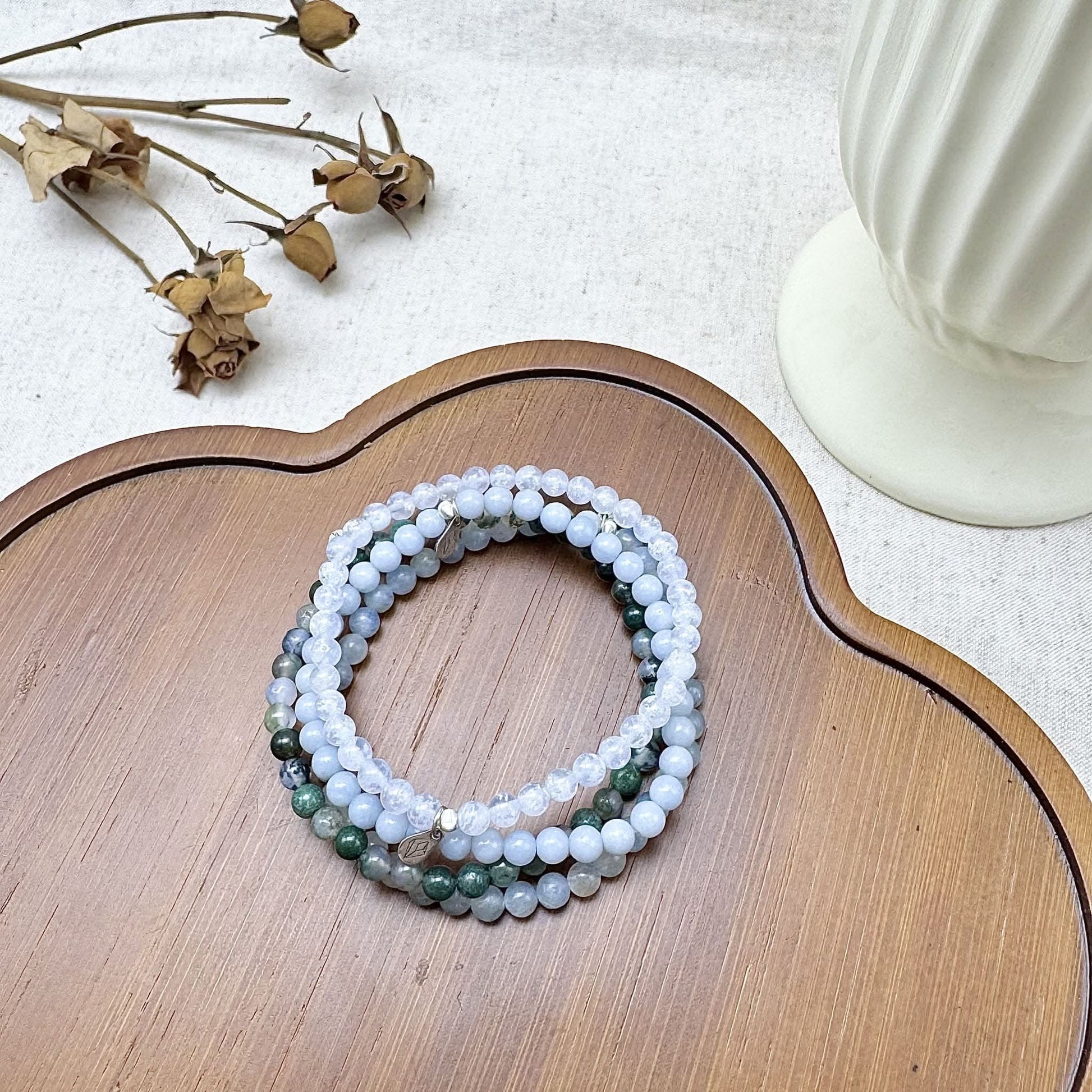 Gemini Bracelet Set with Moss Agate, Angelite, Kyanite & Aquamarine