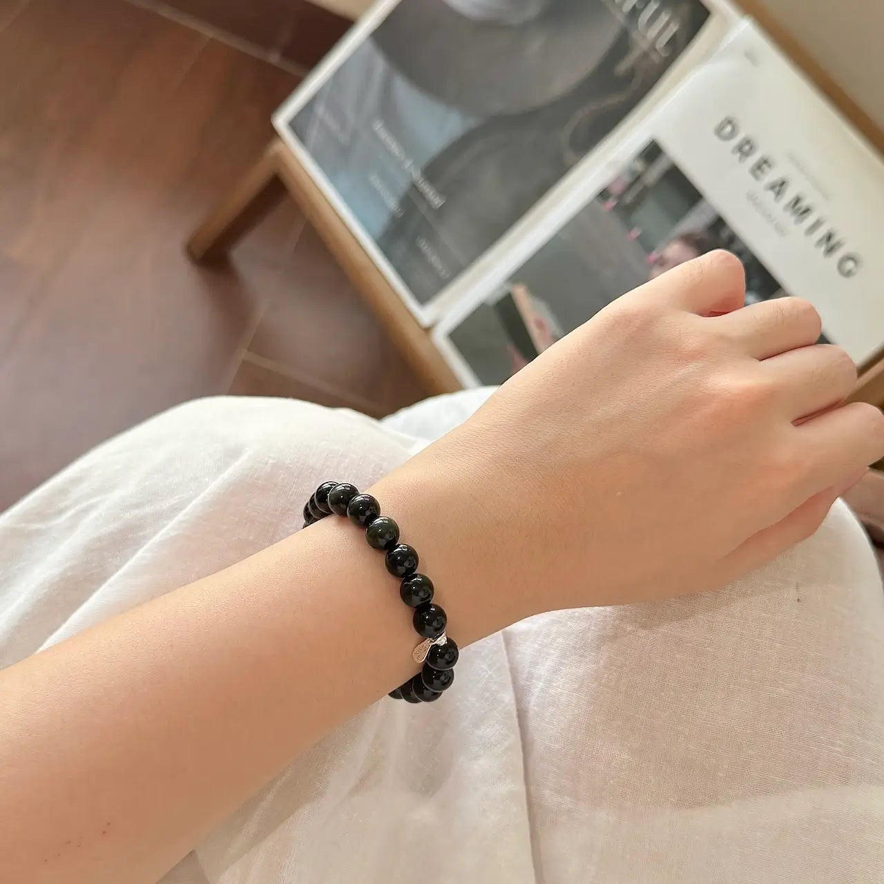Obsidian Crystal Bracelet 8mm Front View |Touch Vintage