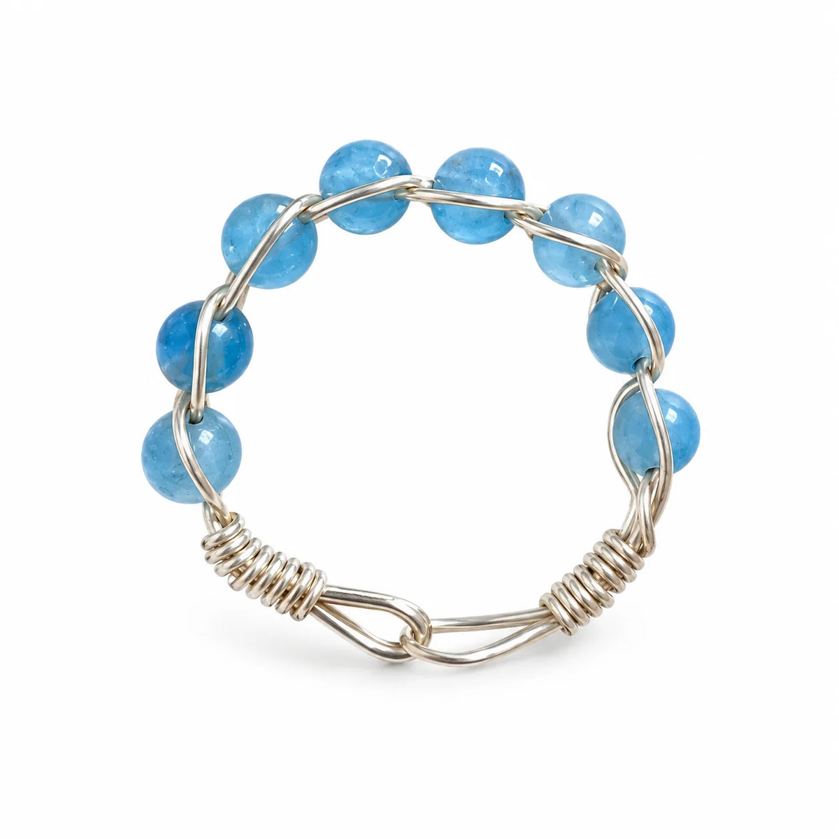 Aquamarine beaded ring with silver-tone wire wrapping on a white background