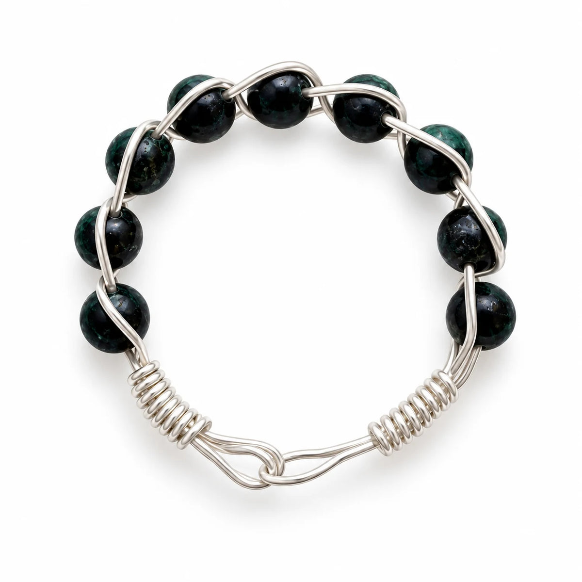 Dark green emerald beaded wire-wrapped ring on a white background