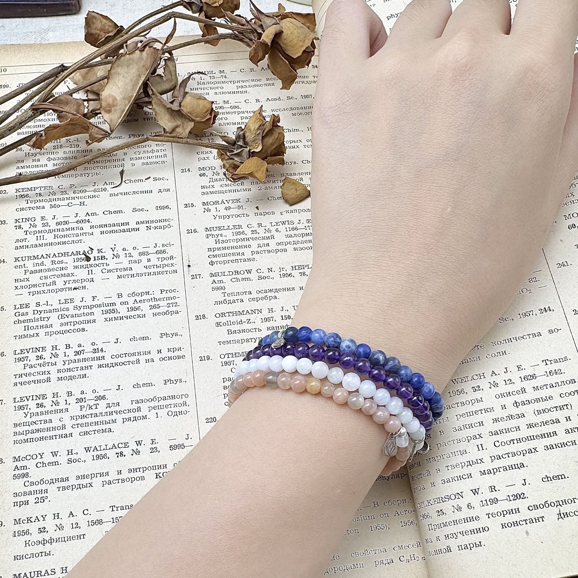 pisces bracelet set with amethyst,rainbow moonstone,Aquamarine,sodalite on the hand