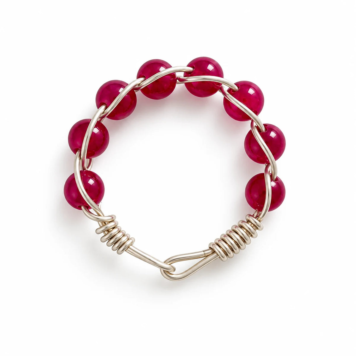 Ruby beaded wire-wrapped ring on a white background