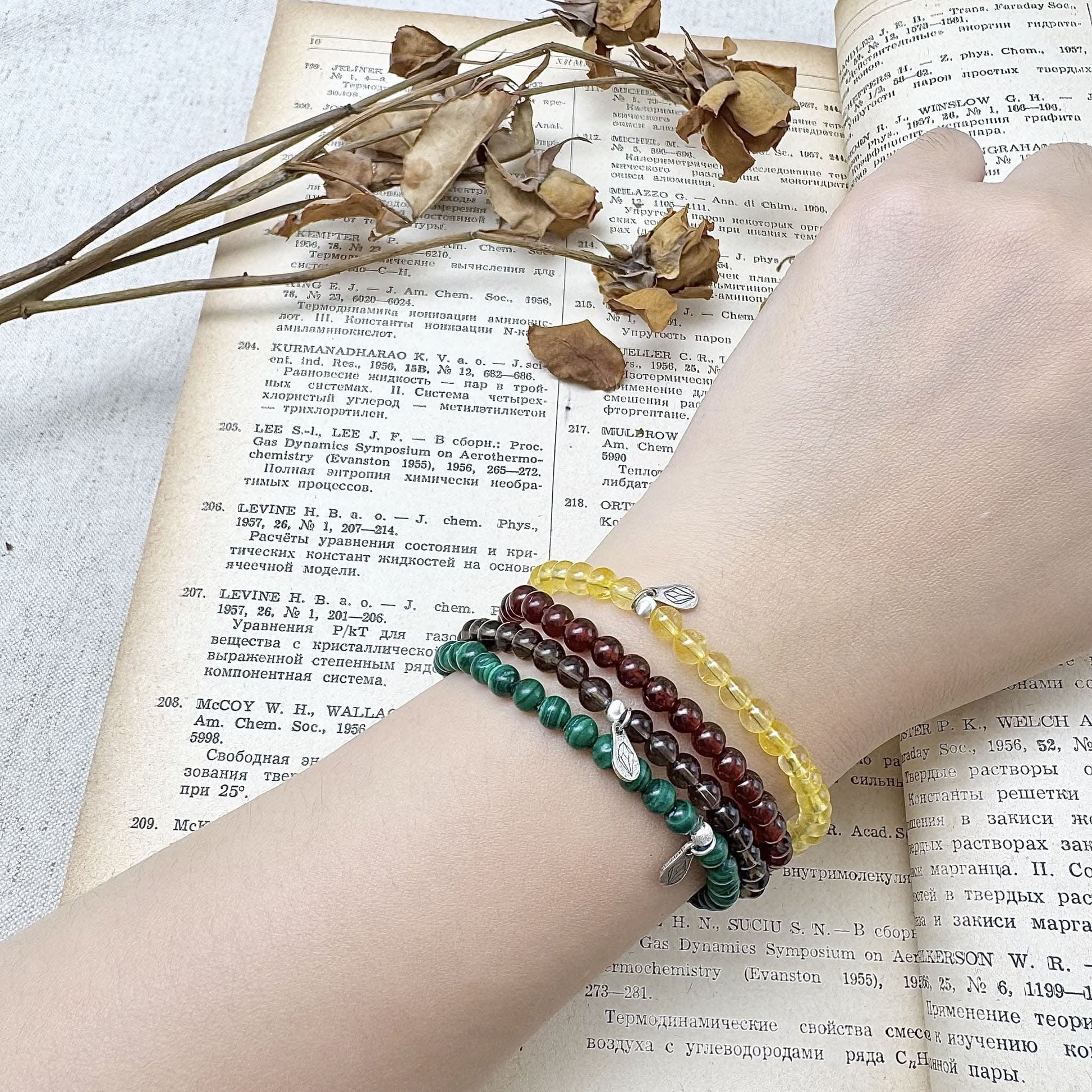 scorpio bracelet set with 4mm malachite,citrine,garnet,smoky quartz on the hand