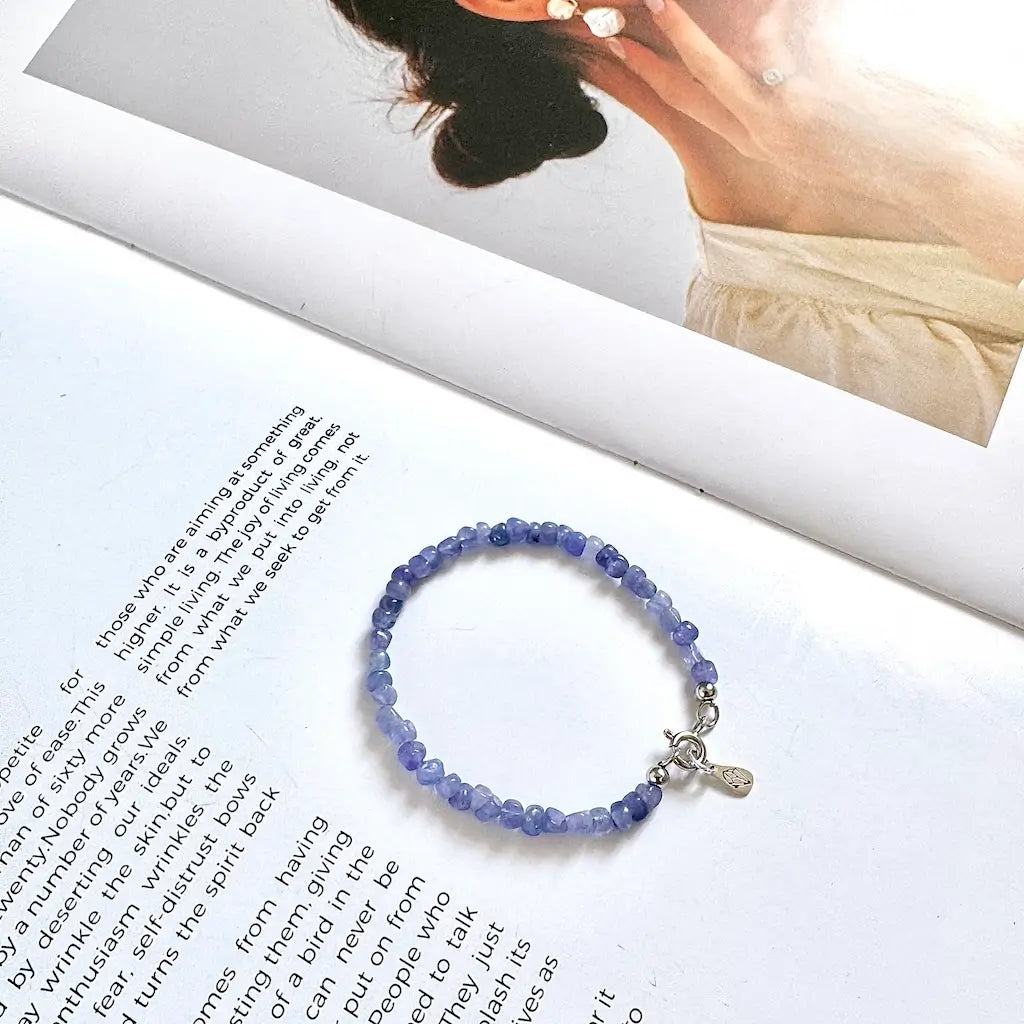 Close-up of natural tanzanite crystal beads used in the handmade bracelet