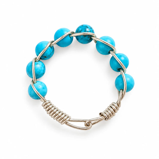 Turquoise beaded wire-wrapped ring on a white background